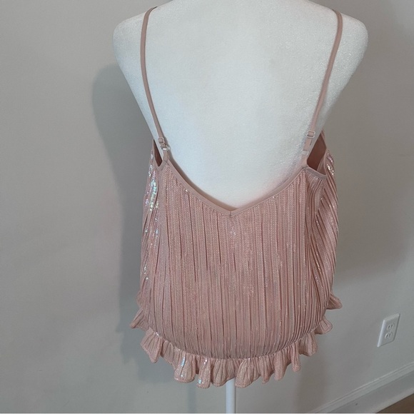 Anthropologie Powder Pink Sequin Spaghetti Strap Ruffle Hem Blouse |S| - Picture 6 of 8